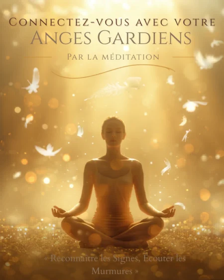 personne en méditation entourée de plumes blanches et lumière dorée signe angélique